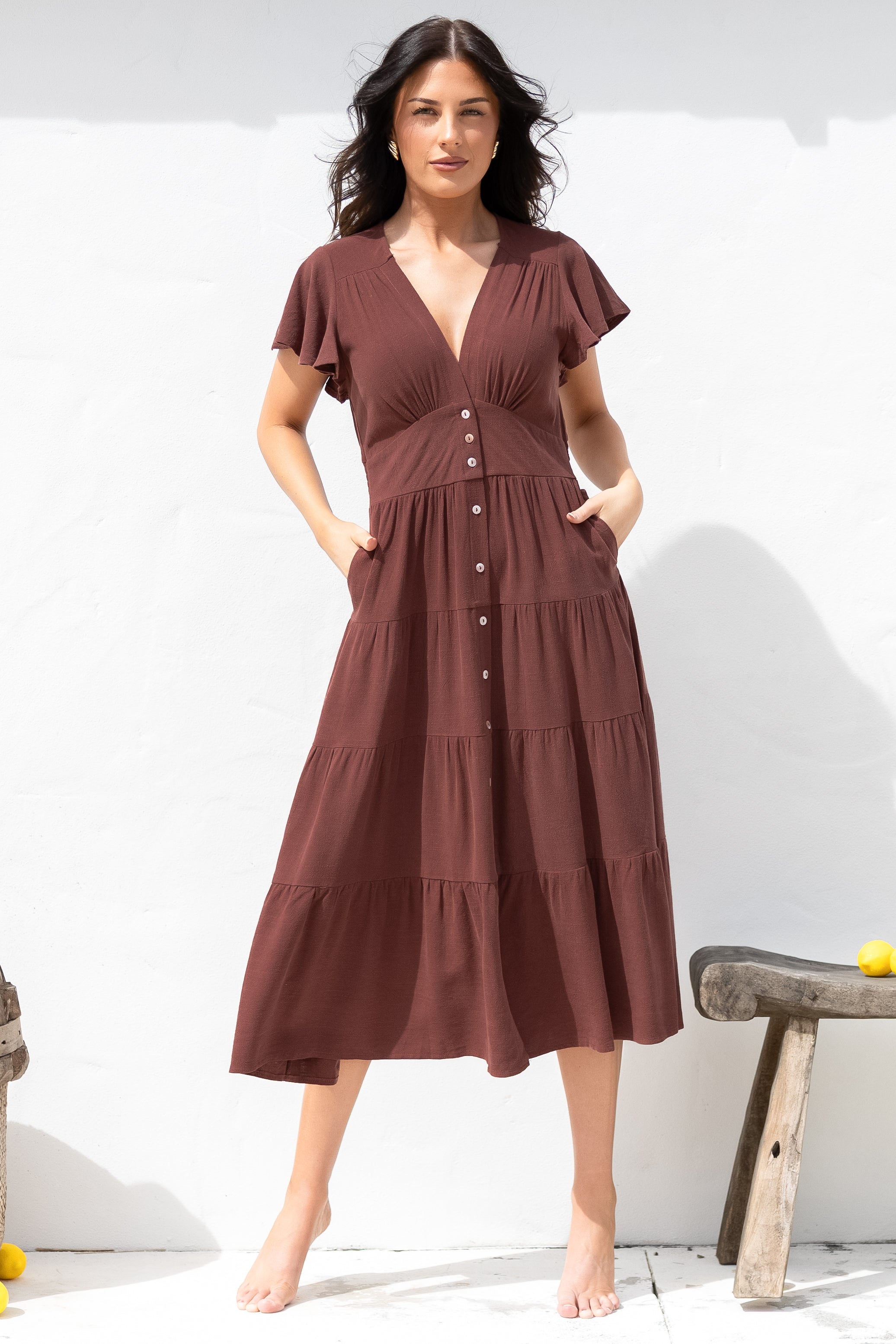 Amy Midi Dress - Flutter Cap Sleeve Buttoned Down V Neck Dress in Chocolate